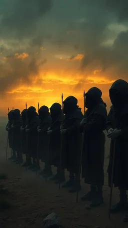 Bosch painting style nightmare , 3D ,a group of prisoners slave in black tied together in line in a dramatic misty scene of the sunset time in a stormy weather in the desert background, high Quality picture , 8k