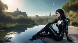 Fantasy Photo Of A Woman With Black Hair, Wearing A robot-looking catsuit, Sitting sideways On A Ledge next to a Pond, With A Planet Behind Her Head