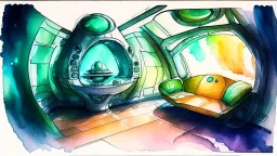 Make an Alien spaceship interior , watercolour painting