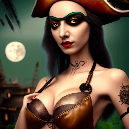 hyper realistic, beautiful girl, short black air, green eyes, with owl tatoo, dressed a steampunk pirate, bra with carved leather, Pirate Ships in background. salvador dalì style. high details, big cartoonic moon. 4k, unreal engine