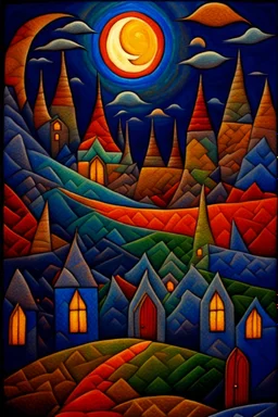 Moonlight patchwork in the style of Raymond Briggs, Laurel Burch, Randolph Caldecott, Picasso. extremely detailed fantasy oil on canvas very attractive imperial colors fantastic view 4K 3D VRay focused Surrealism Tesselated