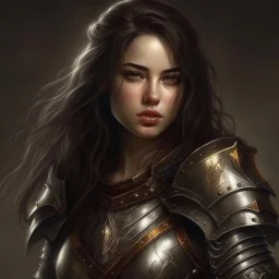 pretty girl, young adult, brunette, conventionally attractive, armor, realism, sexy,