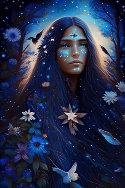 angelical indigenous , long hair, blue eyes, flowers, stars, galaxy, forest, birds