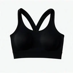 Folded Cross-back sport bra, top view, flat lay, realistic, active wear, black smooth material, round neck, cross-back with four spaghetti straps,