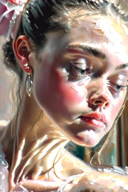 close up realistic portrait of a beautiful ballerina, stretching next to a mirror, only ballerina shoes, in impasto style, thick strokes of oil paint, realistic thick textures