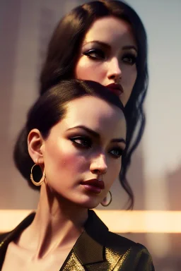 Young business woman, dark orange eyes, dark brown hair, elegant hair, thin lips, gold hoop earrings, waist up portrait, 8k resolution, intricate details, ornate details, soft lighting, vibrant colors, retroanime, masterpiece, realistic, intricate eyeliner, dark eyeshadow, eyes,futuristic cityscape background