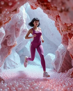 make a picture pretty crystal cave covered with jwellary and 3d recursive cubic and sphere base pearls and a beautiful fashion model lady with cute,bob hair,makeup, in pretty sports suit is running inside cave ,dynamic camera fallow her inside cave capturing full body, dynamic lights.