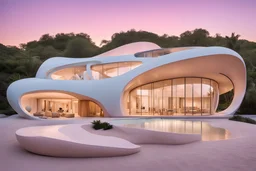 An organic banana-shaped house seamlessly integrated beach side with pastel hues during sunset, modernist architecture with large curved windows, casting warm sunlight on the structure, emphasizing its sleek design and blending with the natural surroundings, Architectural photography, real photography, photo real