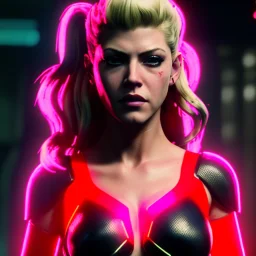 Actress, Katheryn Winnick, cyber woman, sexy, blood, portrait, unreal engine 5, samurai, 16 bit, god lights, ultra hd, vibrant color, night city background, neon, front view.