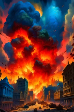 Une explosion dévastatrice d'une ville de style animé, où les flammes s'élèvent dans le ciel bleu avec une intensité impressionnante. Les bâtiments s'effondrent en morceaux, créant un nuage de poussière et de débris. Les couleurs de l'explosion sont vives, avec des teintes de rouge, d'orange et de noir, créant un contraste saisissant avec le ciel bleu. La taille de l'explosion doit donner l'impression qu'elle englobe toute la ville, r épandant le chaos à grande échelle sous le ciel de jour bleu