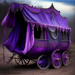 Old fashioned purple, blue and pink gypsy wagon decorated, curtains fluttering in the wind