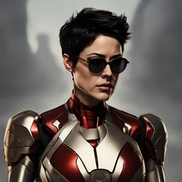 A hyperrealism 3/4 potrait heroic photography shot of tony stark in gender bender style, caucasian maiden with short black pixie hair style. wearing sunglasses. fine details of amuse expression. fine hyper-detailed face and body, fine details mechanical ironman female suit. professional photo, ISO/100, high resolution, high detail, 40mm lens, aesthetically pleasing, correct angle. city background