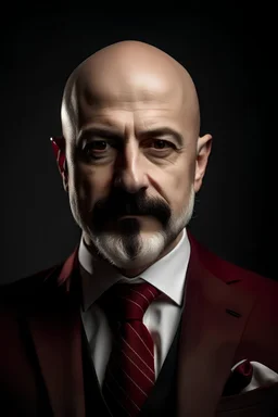 A man with a bald head, hazel eyes, a beard and a mustache, wearing a formal suit, a Turkish broadcloth in a silver-black color with a red tie, a high-resolution photo