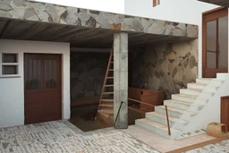 a swimming pool in the pateo of an Alentejo house with natural stone walls and 3d panels