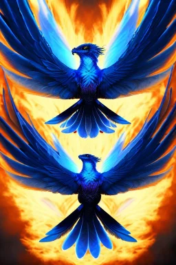 solitary blue phoenix flaming wings, balanced, beautiful, smooth, flying