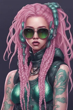 entire body mermaid cyberpunk some fish scales on face pink hair dreadlock sunglasses