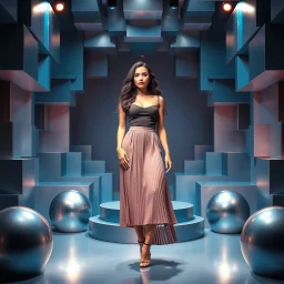 make a picture pretty stage made of metallic blue-gray teme 3d recursive cubic and sphere and cylinder base structures and a beautiful fashion model lady standing with cute in scene with sexy top and pretty pleated midi skirt ,makeup curvy long hair,dynamic camera zoom to full body and pan, dynamic lights.