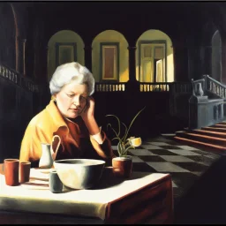 oil painting, woman seating down, dark,