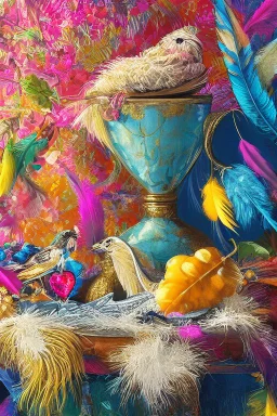 Still life with feathers and gems highly detailed digital painting elegant intricate very attractive beautiful award winning fantastic view crisp quality very cute acrylic art in sunshine