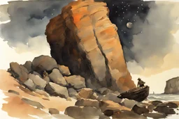 Night, rocks, cliffs, mountains, sci-fi, fantasy, winslow homer watercolor paintings