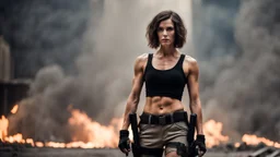 beautiful slender caucasian female technician with a knife, black tank top, well toned muscles, weathered face, scratched sand camo metal details, short brunette wavy bob haircut, dystopian, postapocalyptic city scene with smoke and explosions. giant robot in the background