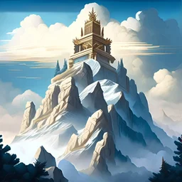 Mount Olympus from the greek mythology. Temples high up in the mountains. Cloudy and mysterious. Illustration. detailed.