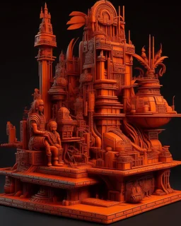 A dark orange cyberized metropolis designed in Hawaiian tiki statues painted by Leonardo da Vinci