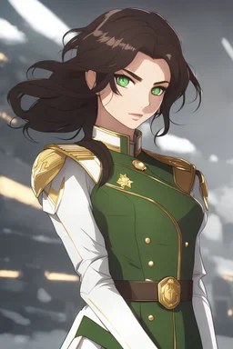 Woman with dark brown hair, vivid green eyes, futuristic white and gold military uniform, smirking, urban background, RWBY animation style