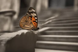 a butterfly trying to pull up a big stone on a staircase with a rope