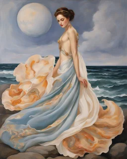 Reimagine the painting using clothing as the primary elements. Transform Venus into a figure wearing an exquisite, flowing gown resembling the sea's waves. Use fabrics and scarves to depict Zephyr and Aura, while seashells and the shell under Venus become fashion accessories. Match the clothing colors and patterns to the original painting, capturing Venus's beauty and grace through fashion.