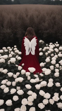 White wings, scissors, red dress in the middle of a field of white roses. Cinematic photo from above