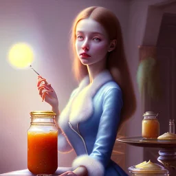 pixar style, realistic painting of a women in dress and a jar jam marmelade in kitchen,volumetric blue sky environment and background, volumetric lighting,dramatic lighting, detailed digital painting, extreme dense and fine fur, anime, ornate, colour-washed colors, elegant, small minutiae, tiny features, particulars, centered, smooth, sharp focus, renderman gofur render, 8k, uhd, detailed eyes, realistic shaded volumetric lighting,caustics,backlight