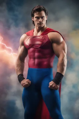 fChristopher Reeve/Henry Cavill Superman, new 52, extremely huge, overexaggerated muscles, posing and flexing in a front of the camera, random extreme action poses, an extremely colorful, multicolored foggy blue marble wall in the background with a colorful marble tile floor, multicolored lightning,