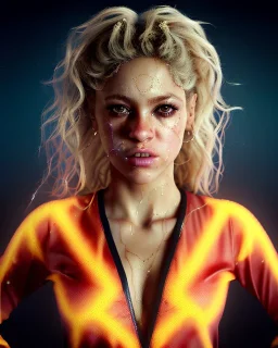 portrait, Shakira, blonde artist, angry, Realistic image, MMA robe, hoodie, mouthguard, nose, band aid, loose long hair, eyes make up, line gold make up, glow, circle iris. Rain, fog, Neon colors, leds. Dark background, photo studio, concept art, smooth, unreal engine 5, god lights, ray tracing, RTX, lumen lighting, ultra detail, volumetric lighting, 3d, finely drawn, high definition, 4k.