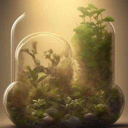 a glass jar terrarium filled with plants, highly detailed, digital art, sharp focus, trending on art station, 8k, high resolution.