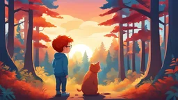 A little boy with red hair and glasses looks at a big cat in a beautiful multicolored forest, blue sky and beautiful sunset, cartoon, style
