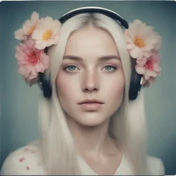 2030s Polaroid head shot of a stunning young platinum straight haired woman,with freckles on her face, hair adorned with big flowers, red cheeks and nose, headphone