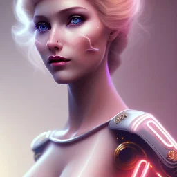 Steampunk, head, women, portrai, tron sketch of a girl on lined paperA beautiful one nude body of a make up smiling woman blond long hair, alone, high key lighting, volumetric light high details with white stripes and blue eye, smiling with plump pink lips, flowers around, unreal engine petit prince belle fine, profil de trois quart, grand front cosmique, peau bleu cristalline, yeux bleu, perle sur le front long cheveux blond et rose etoilé, cristaux sur le corps, collier de grande princesse, l