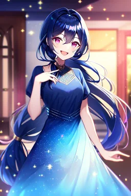 girl, masterpiece, best quality, cinematic lighting, detailed outfit, vibrant colors, perfect eyes, dark blue hair, pink eyes, long hair, low ponytail, dark blue dress, sparkle, depth of field, indoors, god rays, glowing light, ray tracing, laughing,