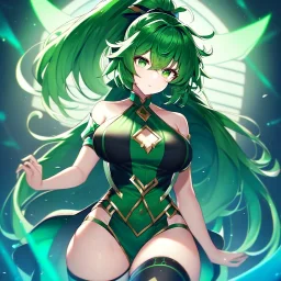 girl, masterpiece, best quality, volumetric lighting, detailed outfit, perfect eyes, green hair, green eyes, long hair, thigh highs, ponytail, messy hair,