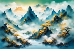8K high resolution, majestic, mountains and rivers scenery, clouds, bright, Chinese style ink painting, fine brushwork, gold line, complex lines, details, very clear, delicate, blue and green as the main color