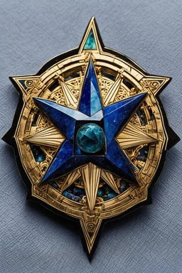 the symbol of an ancient Catalan female vampire coven , in the form of highly detailed 12 sided star worked in lapis lazuli, aquamarine, and jade, with the all seeing eye at its center lapel pin, in the graphic novel style of Bill Sienkiewicz, Jean Giraud Moebius, and Enki Bilal