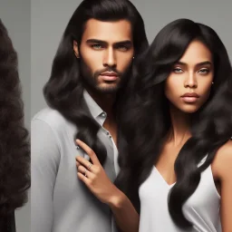 A handsome man with dark hair and a black woman with long hair