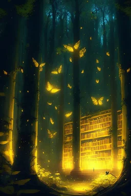 a huge library in forest with fireflies and yellow magic lights around trees that have wide leaves and broad trunked