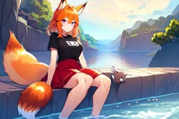 Girl, fox ears, one big fox tail, orange hair, red skirt, river, fox foot , sit on the shore, purple fox eyes, black T-shirt, wet, happy, fox paws foot