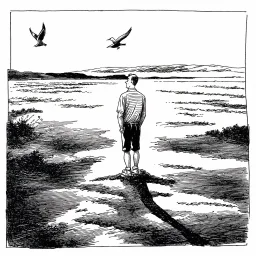 a alone man. pen and ink, birds eye view, illustrated by hergé, Background space and earth