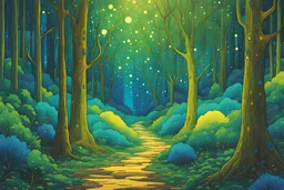 cosmic forest in a psychedelic green and blue and yellow in the illustrated style of studio ghibli