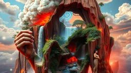 the waterfall is full of holes with various jungle flowing spiral cloud neon colorful Unique open cliff burning ripped surrealistic artwork with shiny shackled by cliff and sea island, while holding a waterfall doing pulling, the open cavity inside the body is a scene of an ancient Egyptian painting in the Gesang desert 5D diorama, with seven open panels on the revealing a forest with a thousand shadows, giving a triple exposure effect on a Balinese girl and her neck cavity, with a background in