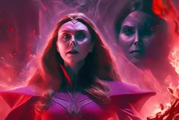 Feiticeira escarlate, wanda Marvel, elizabeth olsen, 4k render, vilã, manipulando magia, raiva, fundo de destruição, cores frias, cinematográfico, dramático