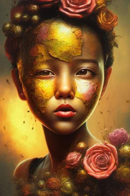 an abstract painting of rusted metal and flowers, sun set little baby goodess girl portrait, rust, scaffolding, iron cladding, decay, mixed media, textured, anatomically correct, beautiful perfect face, sharp focus, highly detailed